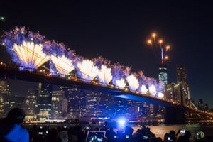 Fireworks over bridge